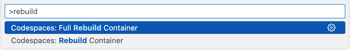 Screenshot of the "Codespaces: Full Rebuild Container" option in the Command Palette.
