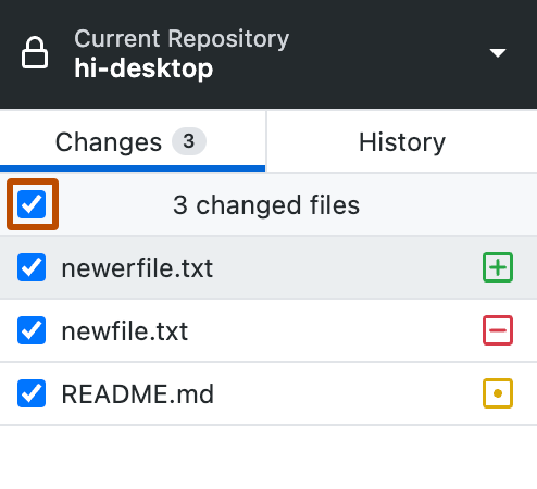 Screenshot of the "Changes" tab. Above the list of changed files, next to the text "3 changed files", a selected checkbox is outlined in orange.