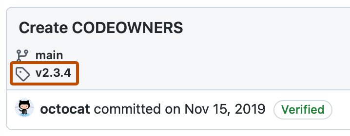 Screenshot of a commit summary. The tag icon and "v2.3.4" are highlighted with an orange outline.