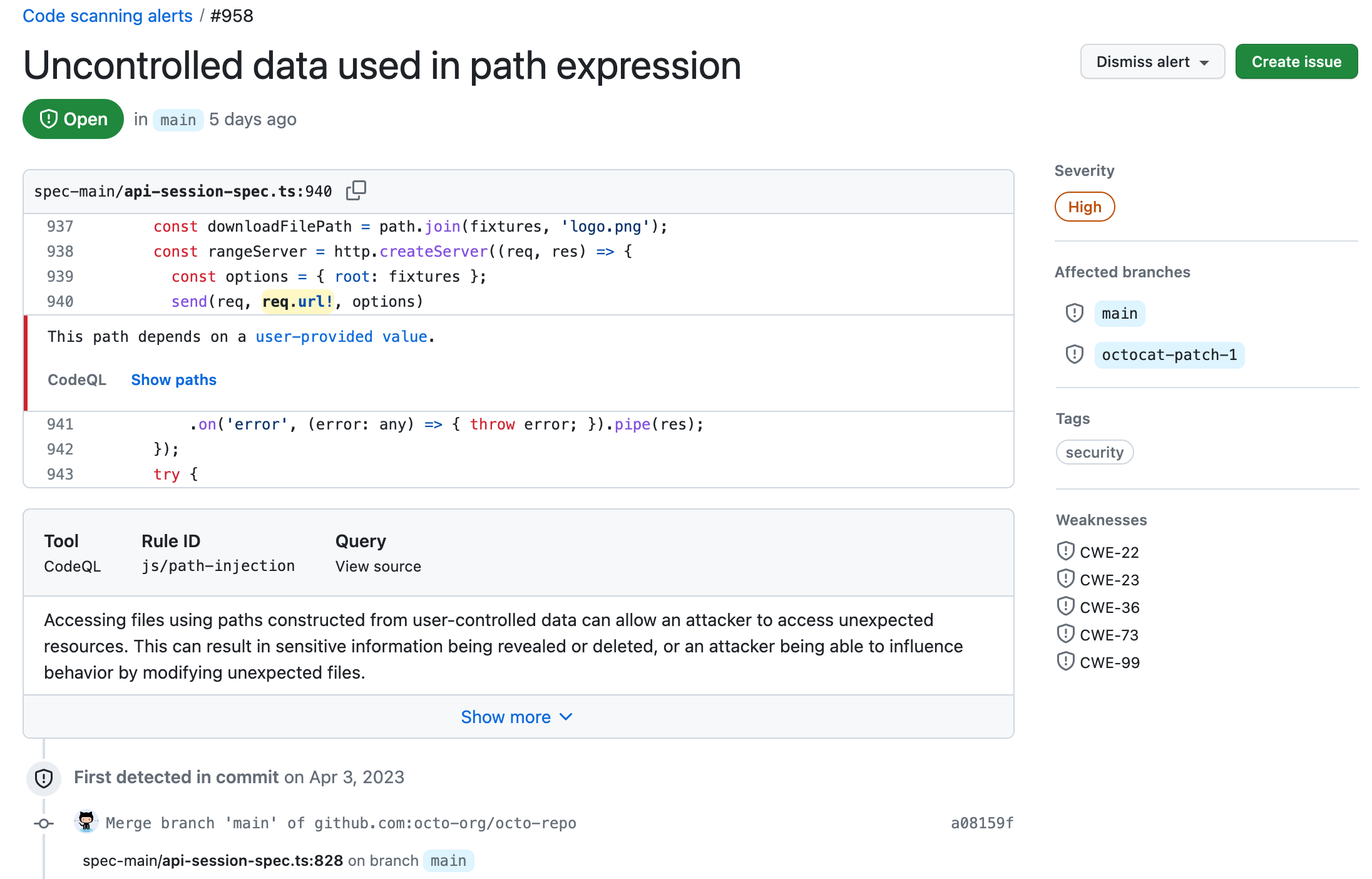 Screenshot showing the elements of a code scanning alert, including the title of the alert and relevant lines of code at left and the severity level, affected branches, and weaknesses at right. 