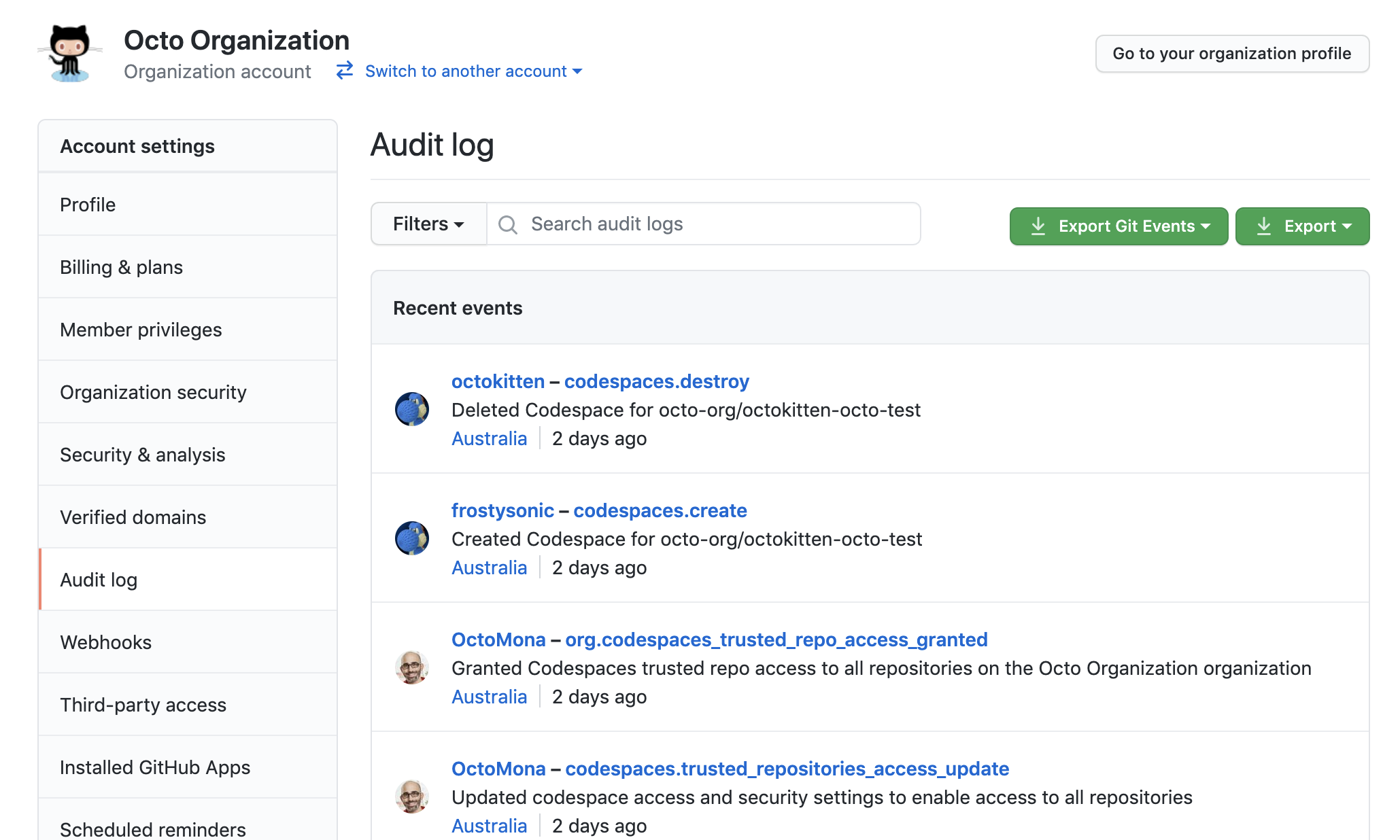 Screenshot of the "Audit log" page for an organization, showing the "Recent events" list.