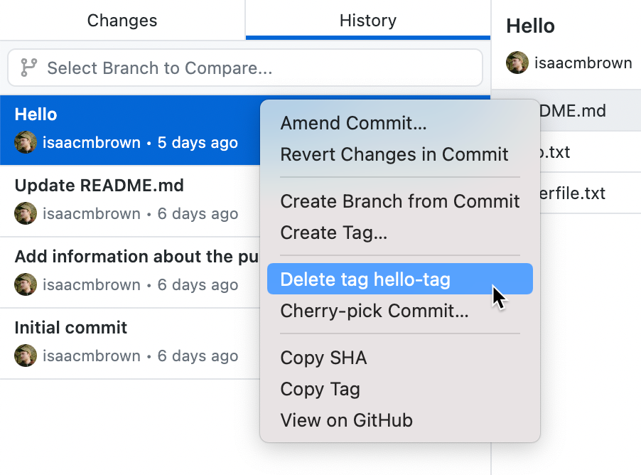 Screenshot of a list of commits in the "History" tab. Next to a commit, in a context menu, the cursor hovers over an option labeled "Delete tag hello-tag".