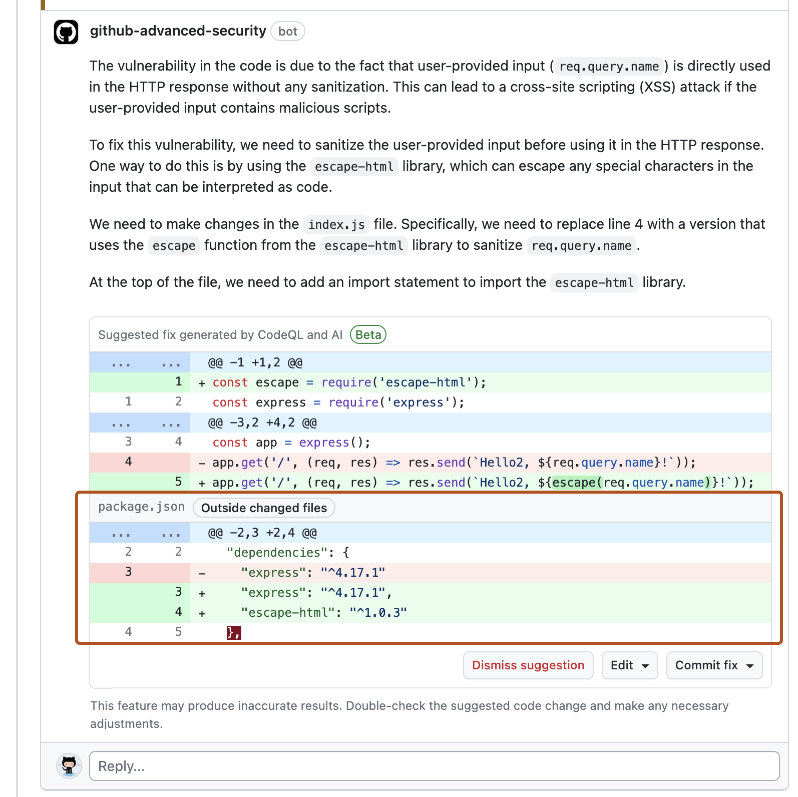 Screenshot of the Copilot Autofix suggestion with explanation and change in the current file. A suggested change in "package.json" is outlined in dark orange.