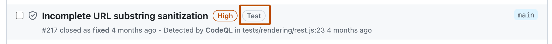 Screenshot of an alert in the code scanning list. To the right of the title, a "Test" label is highlighted with a dark orange outline.