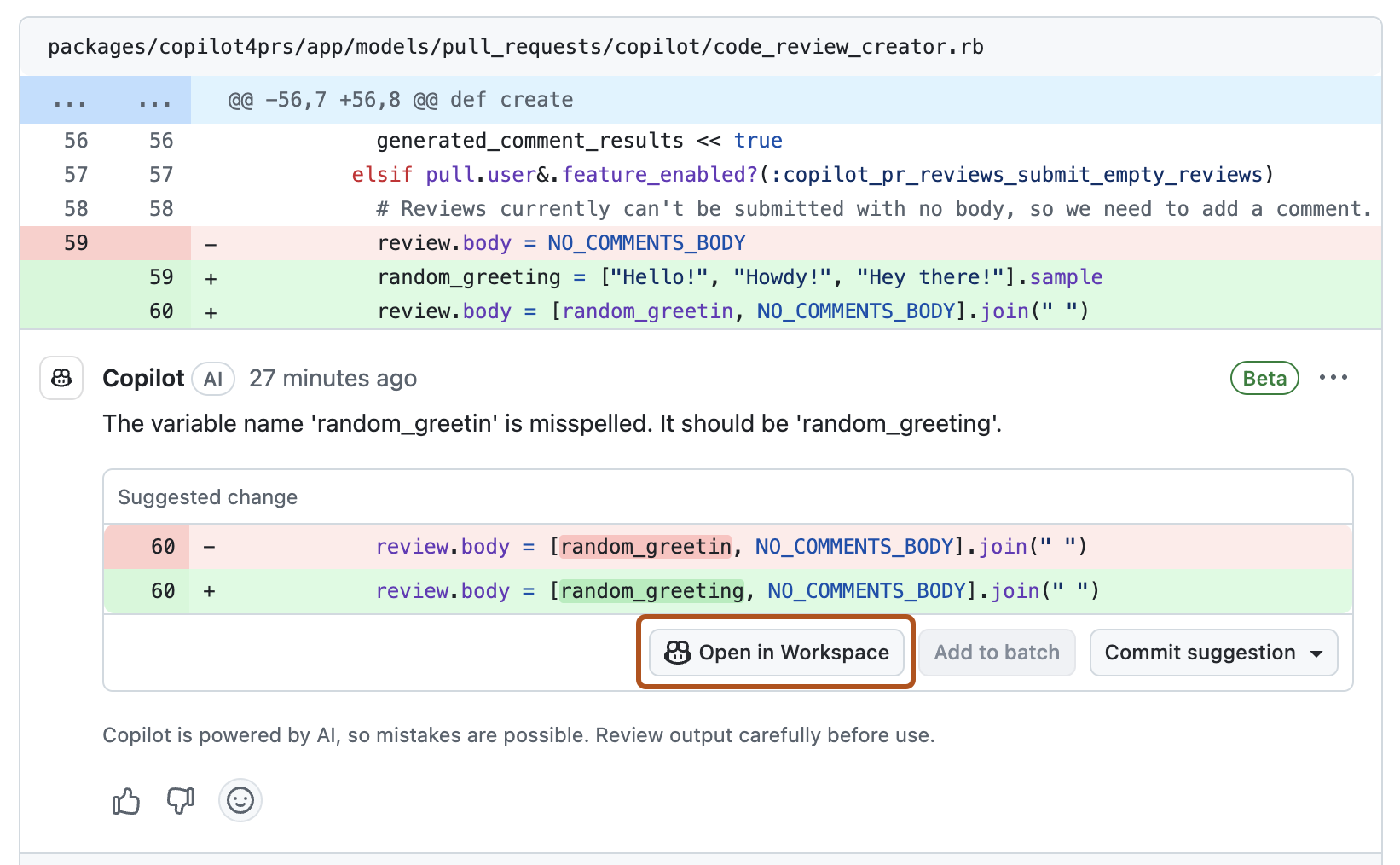 Screenshot of a coding suggestion by Copilot code review.