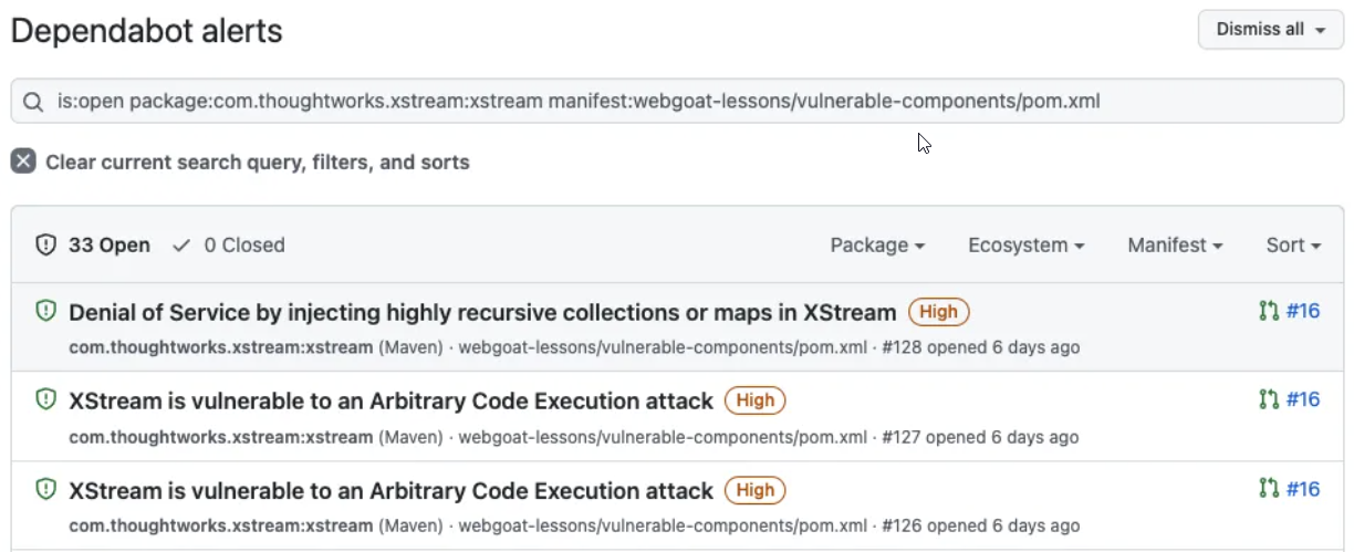 Screenshot of the Dependabot alerts tab showing the filtered alerts from navigating to a legacy Dependabot alert.