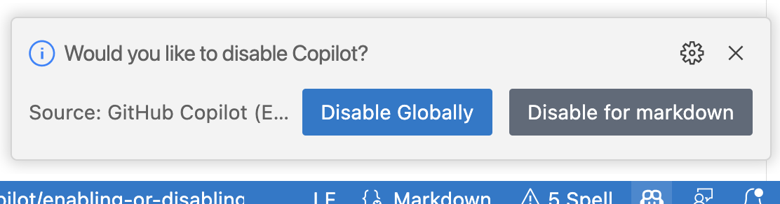 Screenshot of option to disable GitHub Copilot globally or for the current language.