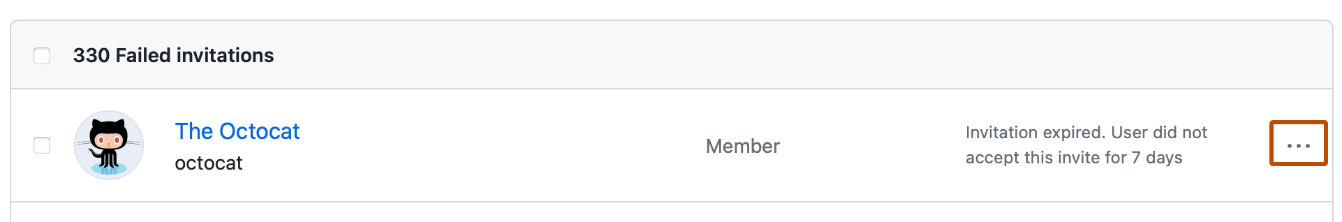 Screenshot of the list of failed invitations for an organization. To the right of the first entry, a kebab icon is outlined in dark orange.