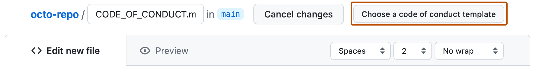 Screenshot of a GitHub repository showing a new markdown file being created. A button at right, labeled "Choose a code of conduct template," is outlined in dark orange.