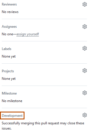 Screenshot of the issue sidebar. "Development" is outlined in dark orange.