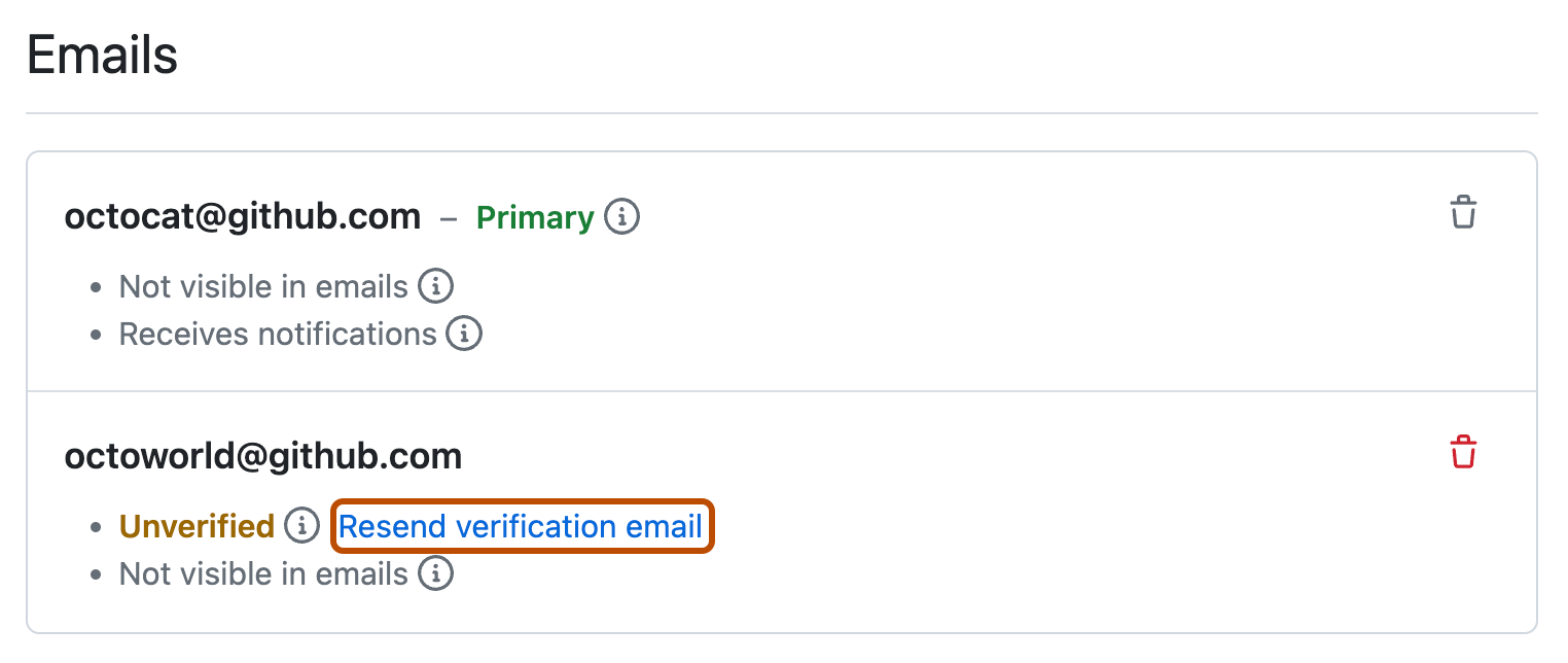 Screenshot of email addresses on the "Emails" page. Under an email address, a link, labeled "Resend verification email," is outlined in orange.