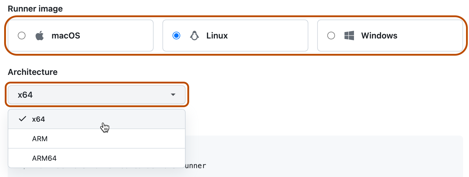 Screenshot of the choice of operating system and architecture. These options are highlighted with a dark orange outline.