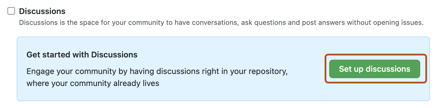 Screenshot of the "Discussions" option in the repository's settings. A green button, labeled "Set up discussions", is outlined in dark orange.