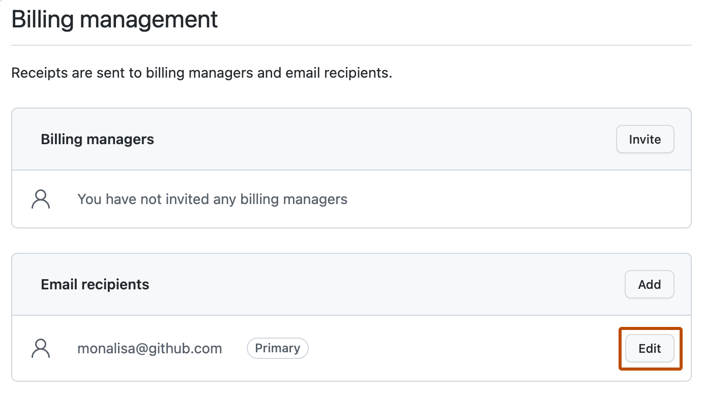 Screenshot of the "Email recipients" list. Next to an email address, a button, labeled "Edit", is highlighted with an orange outline.