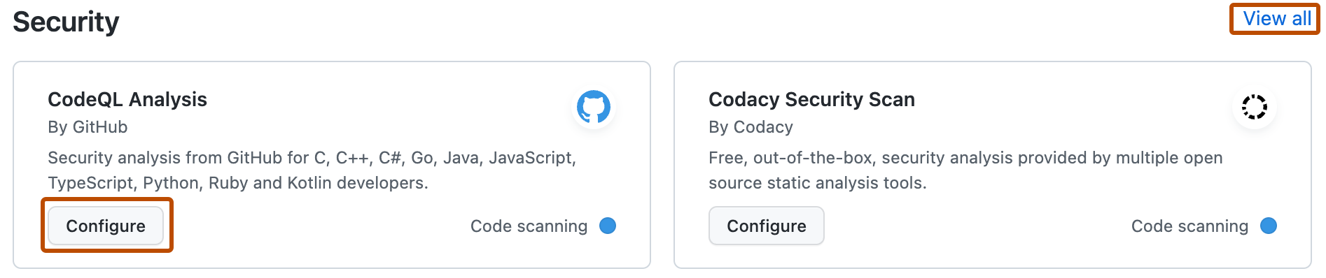 Screenshot of the Security category of workflow templates. The Configure button and "View all" link are highlighted with an orange outline.