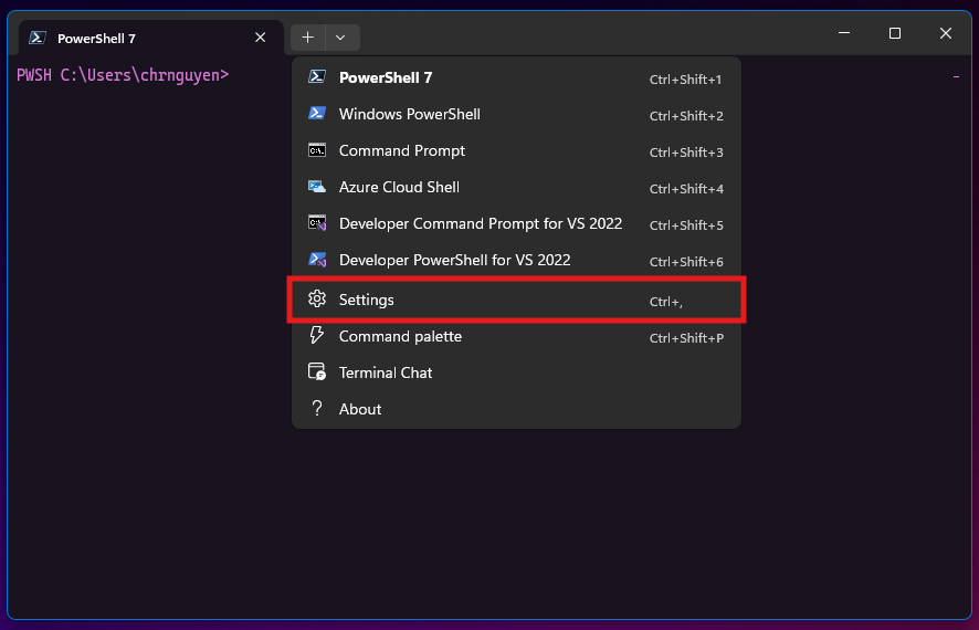 Screenshot of the dropdown menu in the Windows Terminal with the Settings item highlighted.