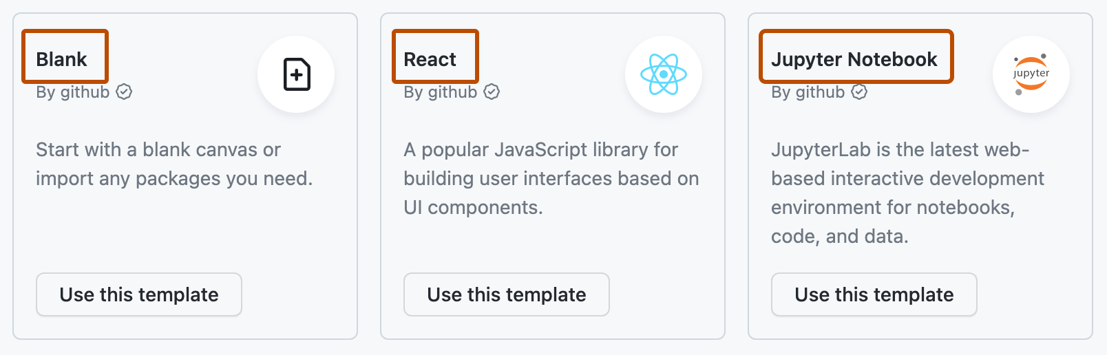 Screenshot of the "Explore quick start templates" section of the codespaces page. The names of the templates are highlighted with orange outlines.