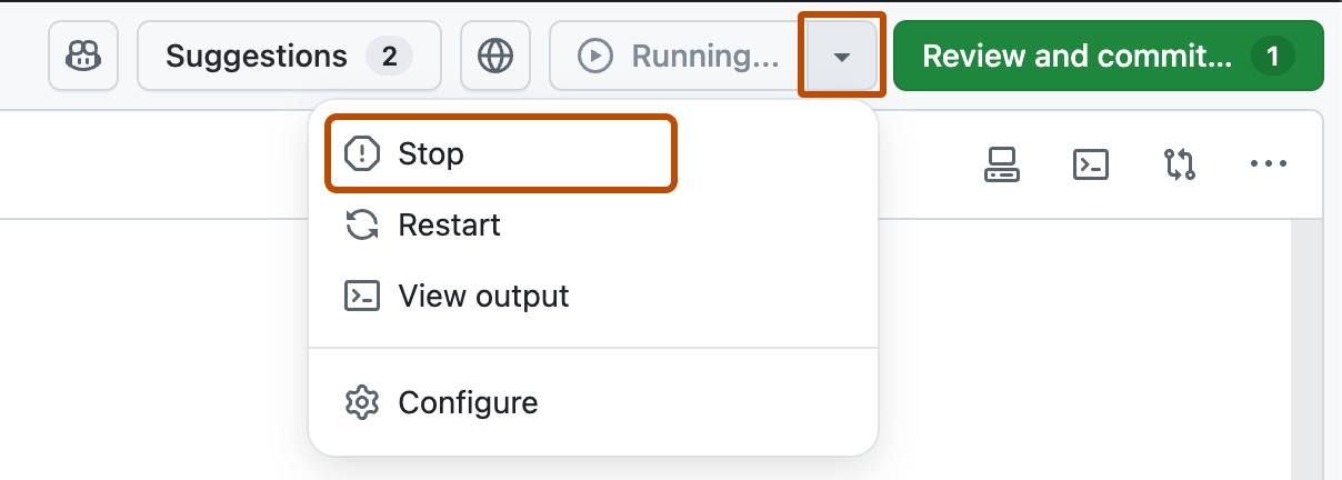 Screenshot of the dropdown menu for a running application with the "Stop" option highlighted with a dark orange outline.