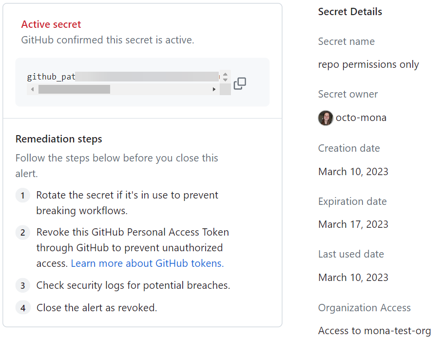 Screenshot of the UI for a GitHub token, showing the token metadata.