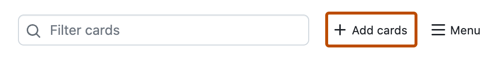 Screenshot showing the header of a project. The "Add cards" button is highlighted with an orange outline.