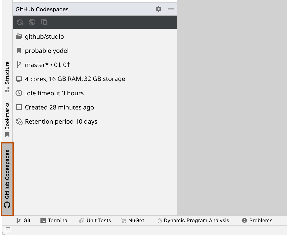 Screenshot of the GitHub Codespaces tool window. The "GitHub Codespaces" tool window selector is highlighted with an orange outline.