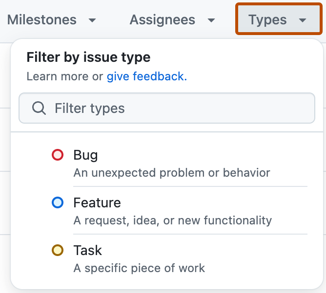 Screenshot of a list of issues. In the header above the list, a dropdown menu, labeled "Types", is outlined in dark orange and the Issue Types menu is open.