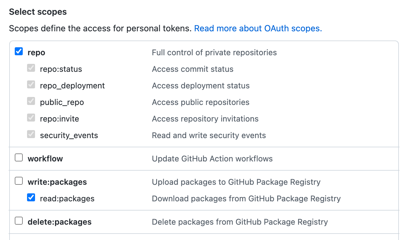 Screenshot of the "Select scopes" configuration options for a personal access token (classic), with the "repo" and "read:packages" scopes selected.