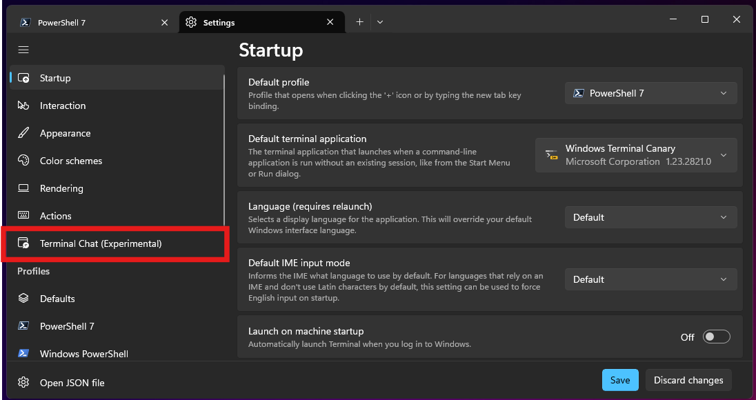 Screenshot of the Settings menu in the Windows Terminal with the Terminal Chat (Experimental) item highlighted.
